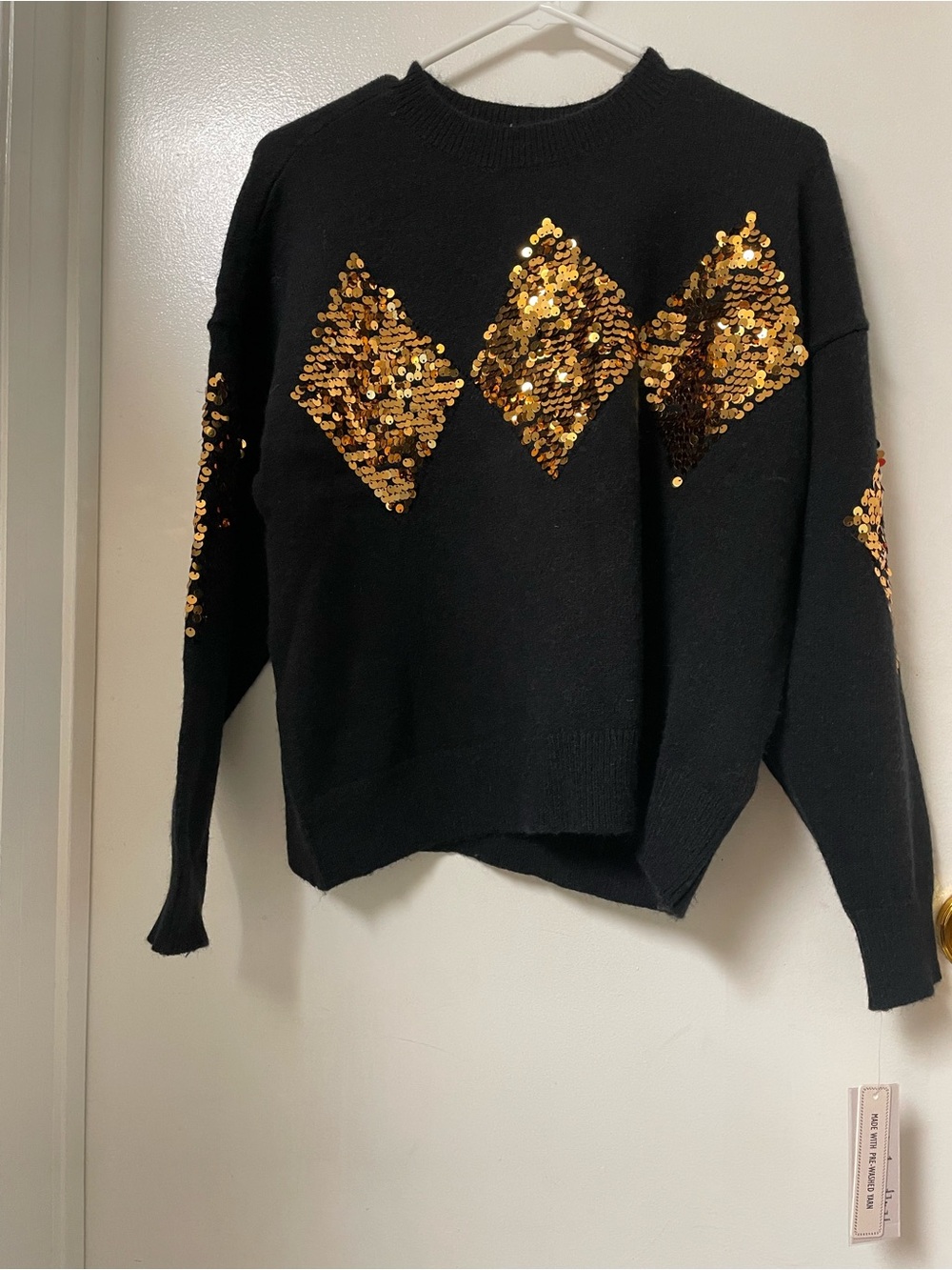 Nanette Lepore Black Sweater with Gold Sequin Diamond Accents